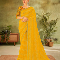 Mustard Chiffon Saree with Sequin & Thread Work Border- Angoor