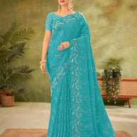 Sky Blue Tissue Organza Saree with Floral Embroidery - Angoor