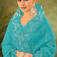 Sky Blue Tissue Organza Saree with Floral Embroidery - Angoor