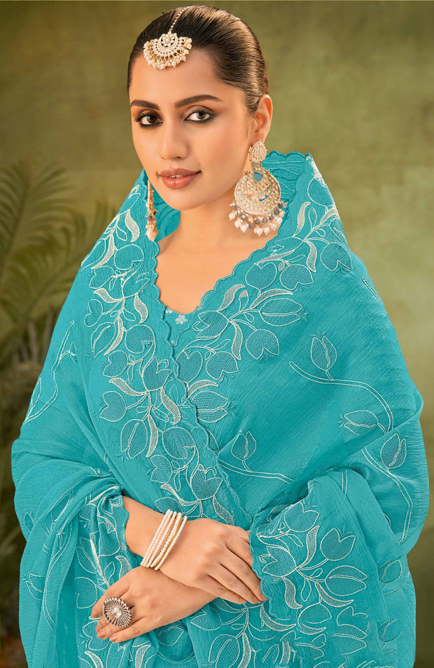 Sky Blue Tissue Organza Saree with Floral Embroidery - Angoor