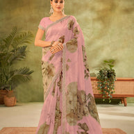 Pink Floral Printed Tissue Organza Saree with Sequin Border - Angoor