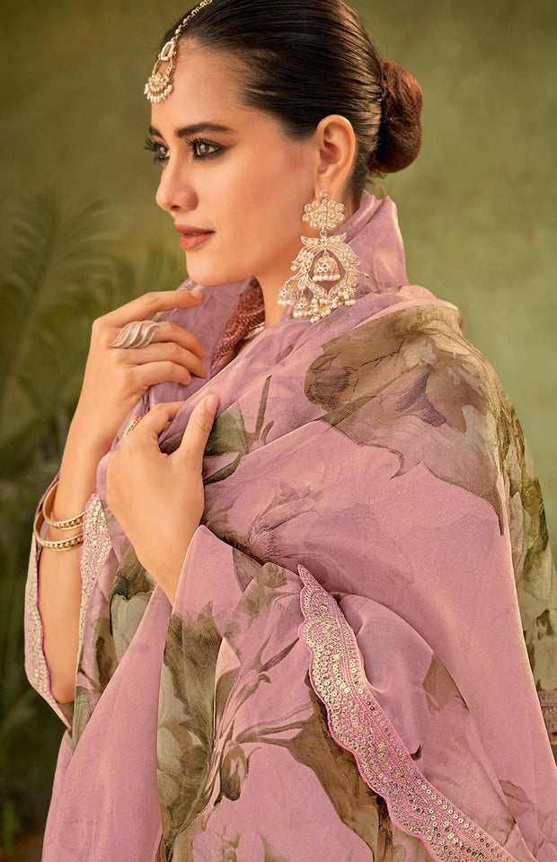 Pink Floral Printed Tissue Organza Saree with Sequin Border - Angoor