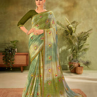 Olive Green Ombre Georgette Saree with Floral Embroidery - Angoor