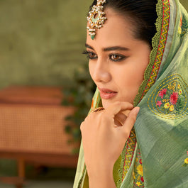 Olive Green Ombre Georgette Saree with Floral Embroidery - Angoor