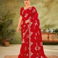 Red Chiffon Saree with Geometric motifs with Sequin Border - Angoor