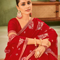 Red Chiffon Saree with Geometric motifs with Sequin Border - Angoor