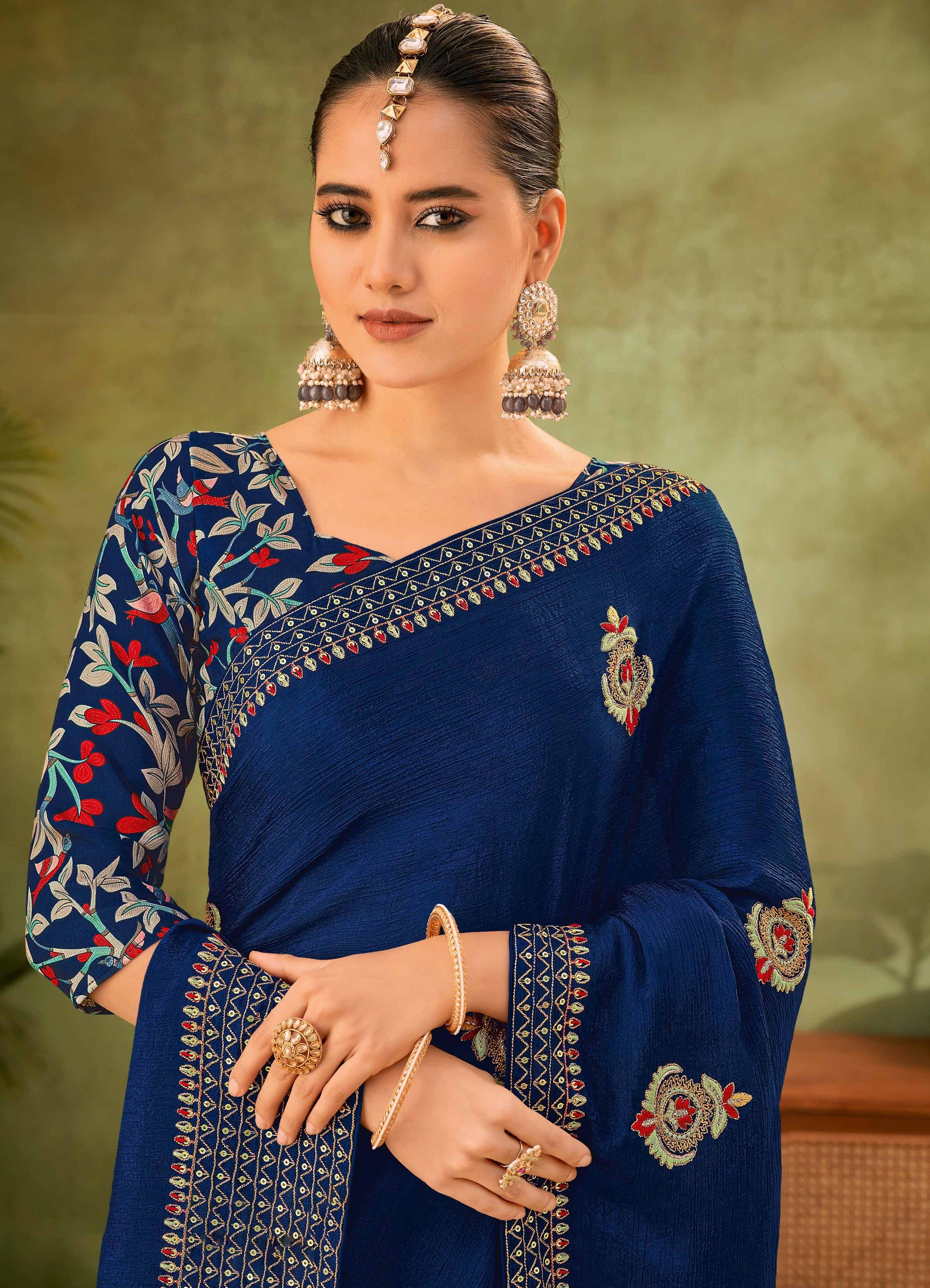 Navy Blue Crepe Silk Saree with Floral Embroidery - Angoor