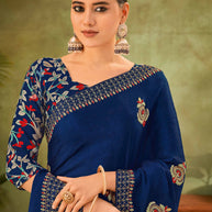 Navy Blue Crepe Silk Saree with Floral Embroidery - Angoor