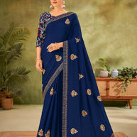 Navy Blue Crepe Silk Saree with Floral Embroidery - Angoor