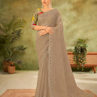 Brown Tissue Organza Saree with Seroski Work - Angoor
