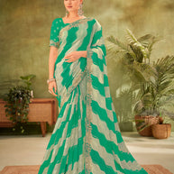 Teal Chiffon Saree with Wavy Stripe & Floral Foil Work - Angoor