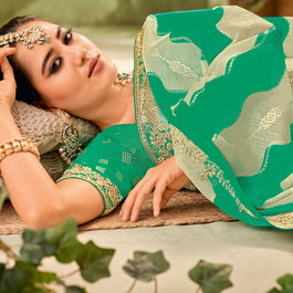 Teal Chiffon Saree with Wavy Stripe & Floral Foil Work - Angoor