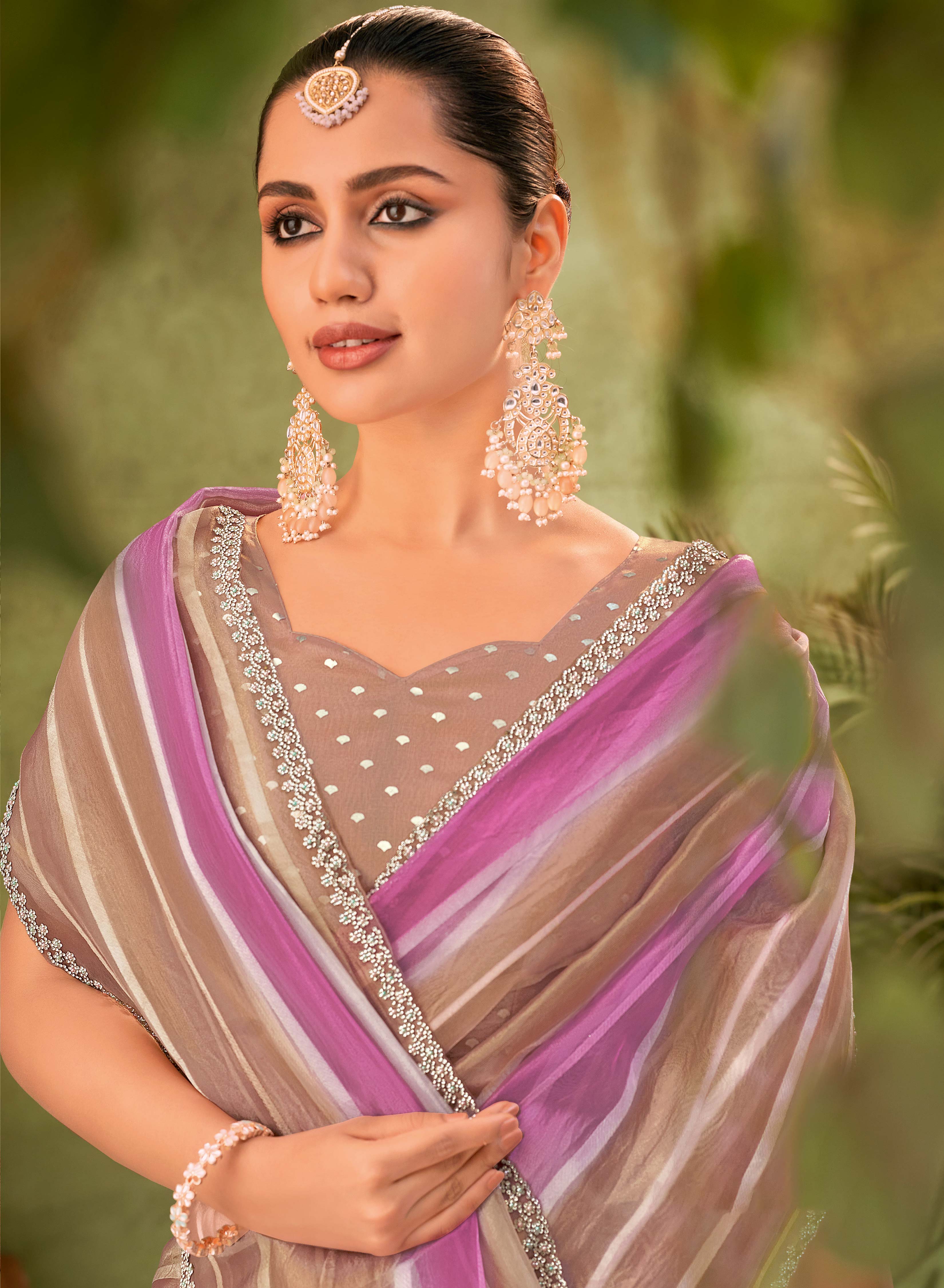 Brown Tissue Organza Saree with Striped Pattern - Angoor
