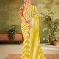 Yellow Striped Chiffon Saree with Sequin Border - Angoor