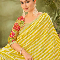 Yellow Striped Chiffon Saree with Sequin Border - Angoor