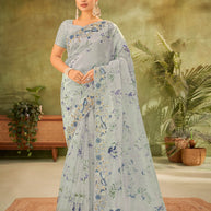 Grey Floral Printed Tissue Organza Saree with Embroidered Border - Angoor