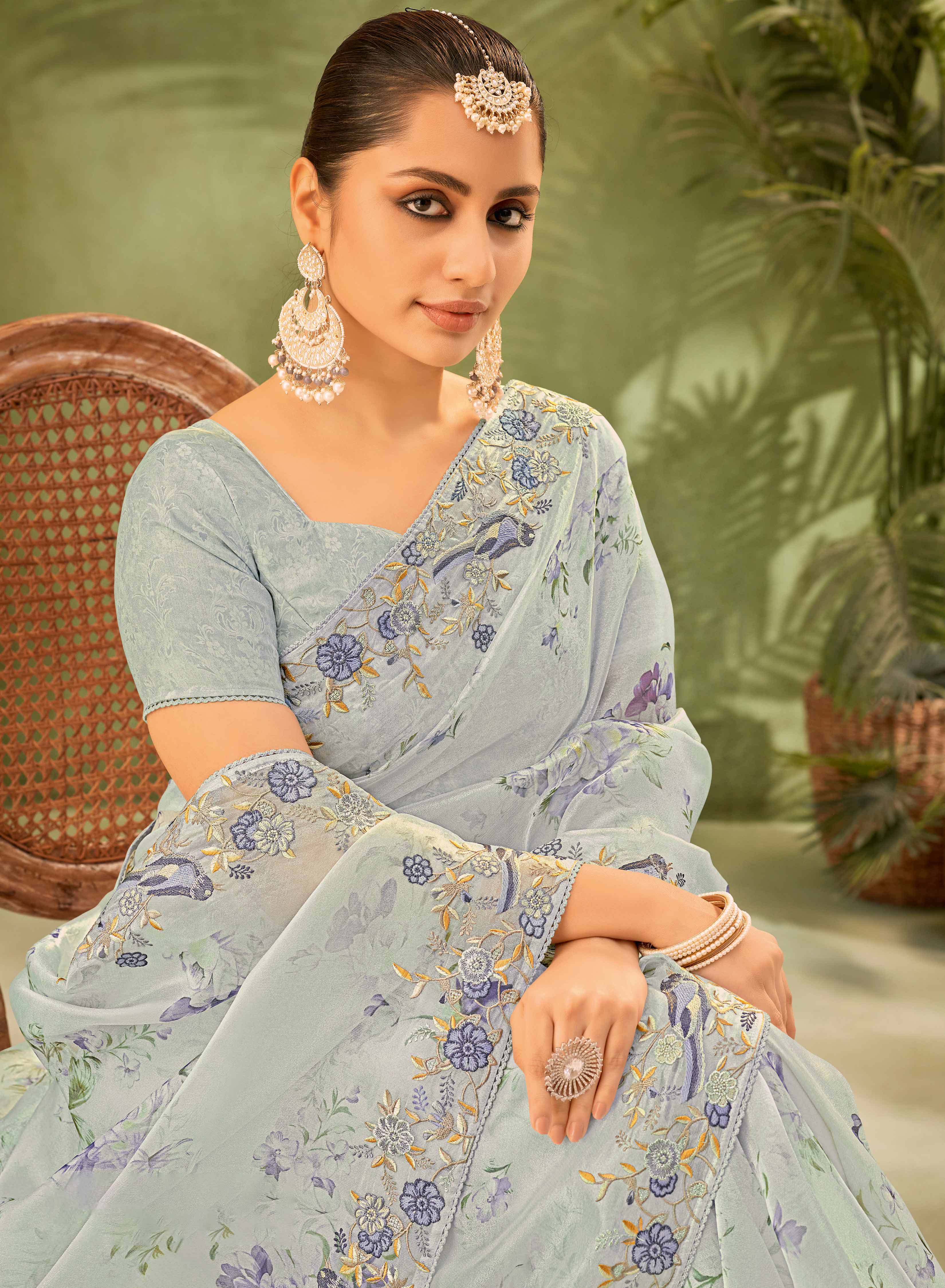 Grey Floral Printed Tissue Organza Saree with Embroidered Border - Angoor