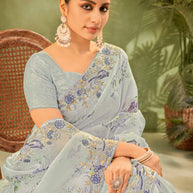 Grey Floral Printed Tissue Organza Saree with Embroidered Border - Angoor