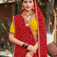 Laxmipati Rajwadi Bandhani Printed Georgette Saree in Red Color with Unstitched Blouse