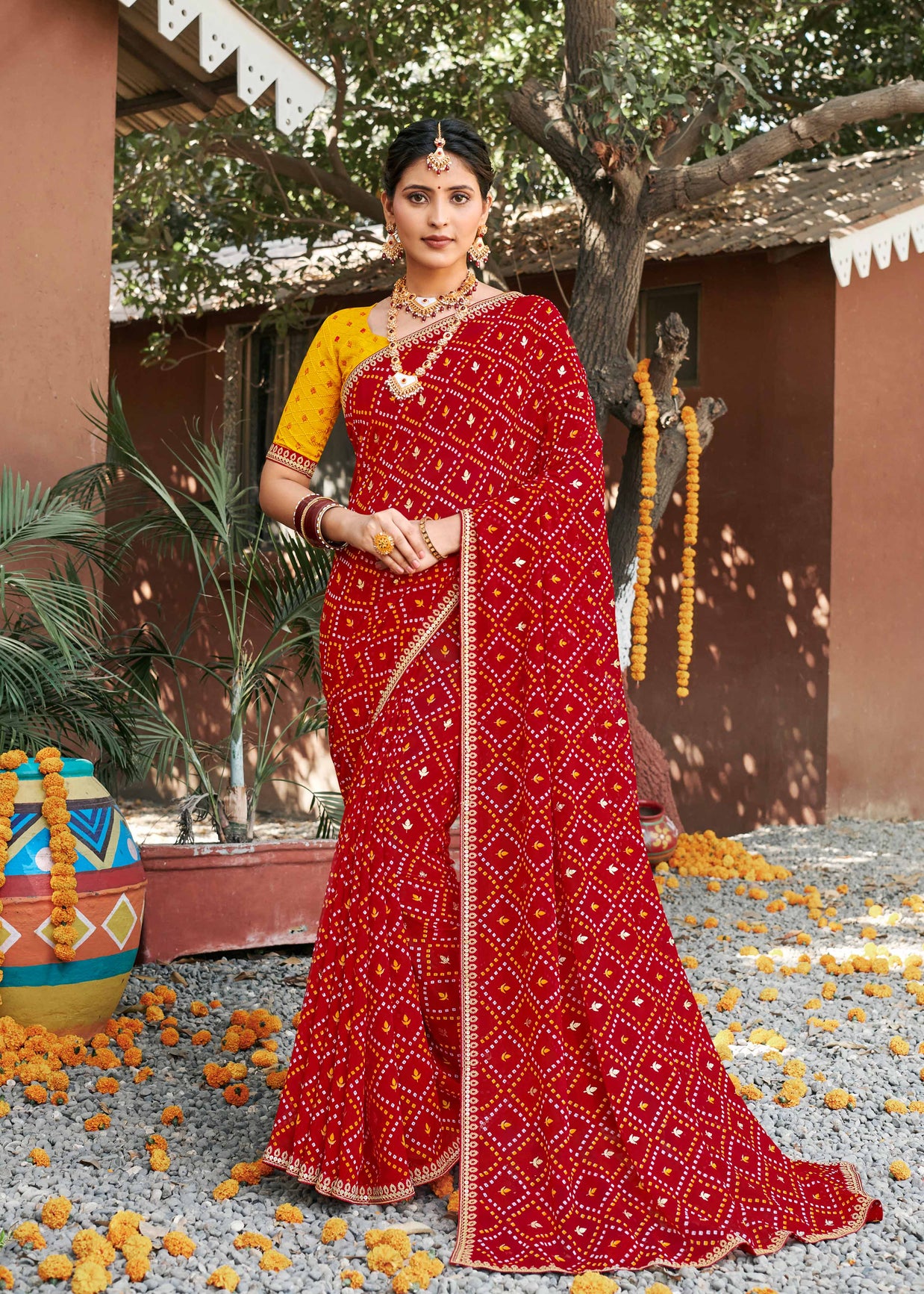 Laxmipati Rajwadi Bandhani Printed Georgette Saree in Red Color with Unstitched Blouse
