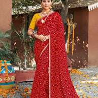 Laxmipati Rajwadi Bandhani Printed Georgette Saree in Red Color with Unstitched Blouse