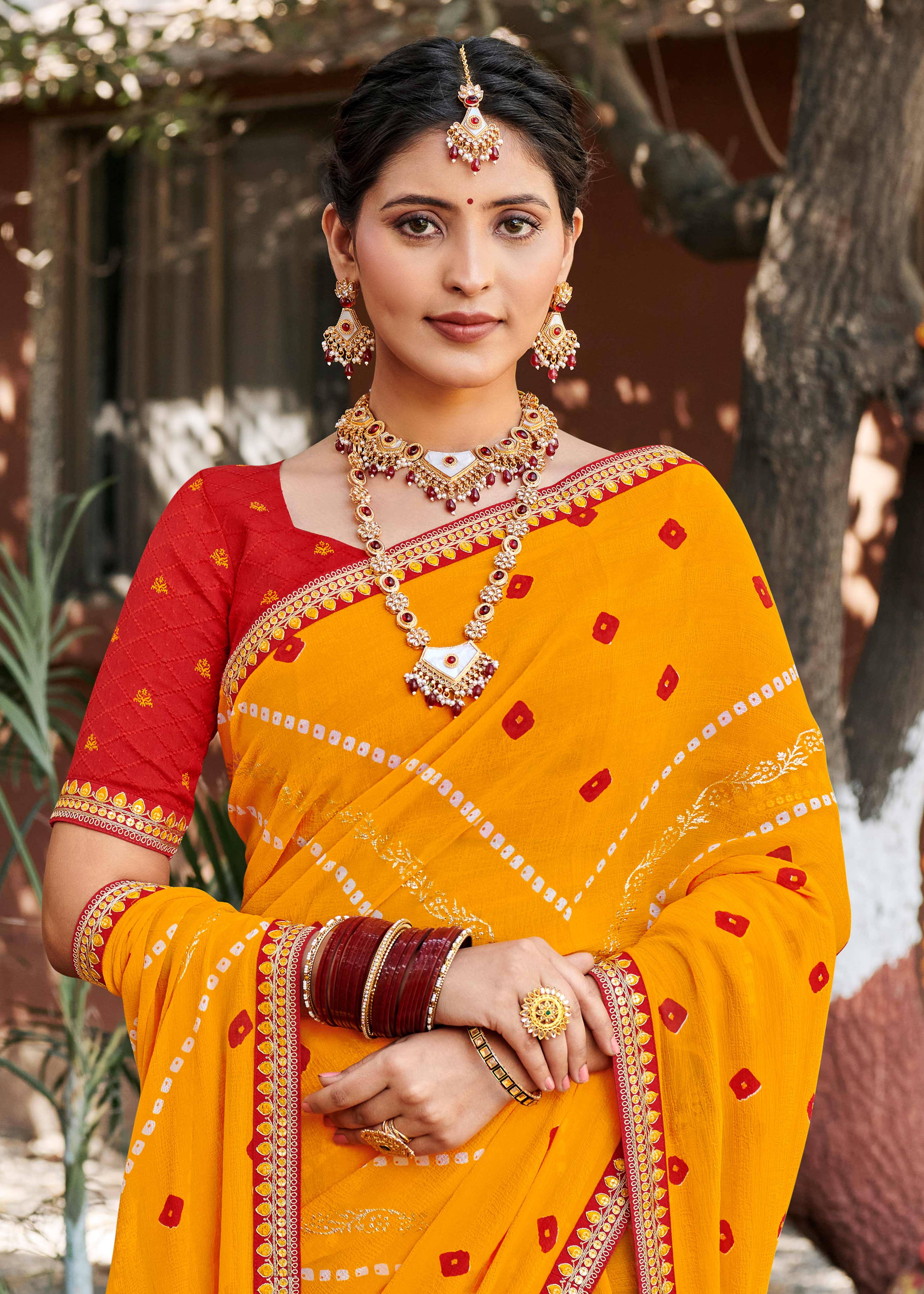 Laxmipati Rajwadi Bandhani Printed Georgette Saree in Orange Color with Unstitched Blouse