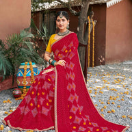 Laxmipati Rajwadi Bandhani Printed Georgette Saree in Red Color with Unstitched Blouse