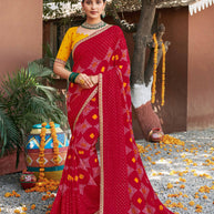 Laxmipati Rajwadi Bandhani Printed Georgette Saree in Red Color with Unstitched Blouse