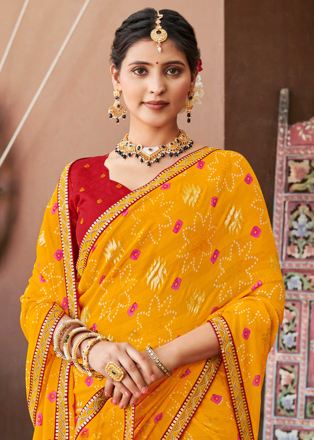 Laxmipati Rajwadi Bandhani Printed Georgette Saree in Orange Color with Unstitched Blouse