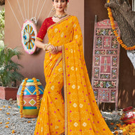 Laxmipati Rajwadi Bandhani Printed Georgette Saree in Orange Color with Unstitched Blouse