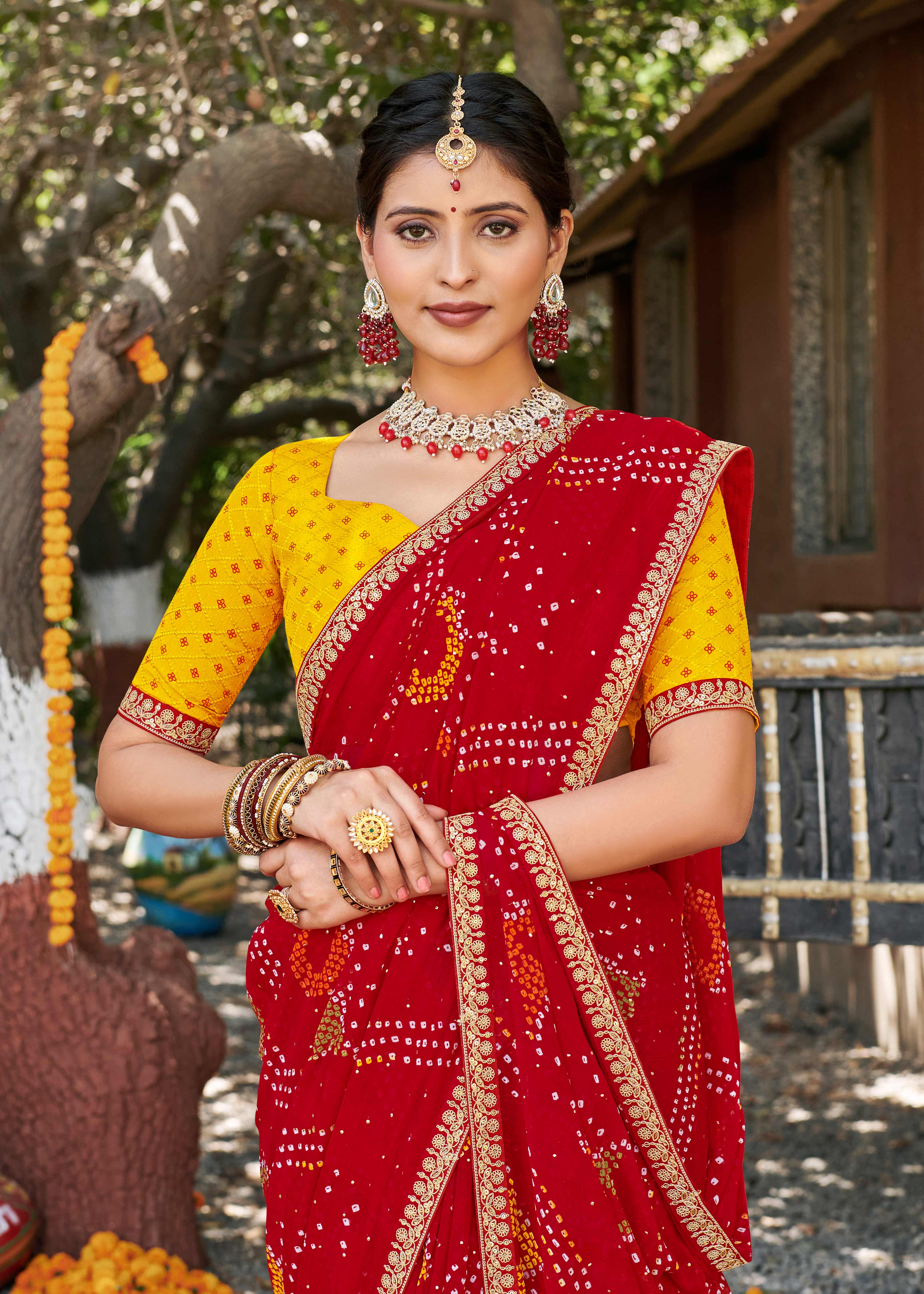 Laxmipati Rajwadi Bandhani Printed Georgette Saree in Red Color with Unstitched Blouse