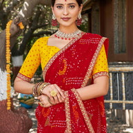 Laxmipati Rajwadi Bandhani Printed Georgette Saree in Red Color with Unstitched Blouse