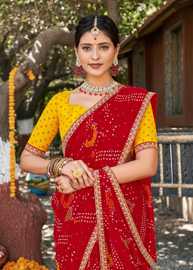 Laxmipati Rajwadi Bandhani Printed Georgette Saree in Red Color with Unstitched Blouse