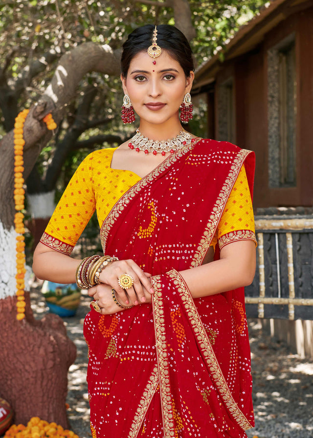 Laxmipati Rajwadi Bandhani Printed Georgette Saree in Red Color with Unstitched Blouse