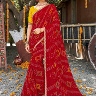 Laxmipati Rajwadi Bandhani Printed Georgette Saree in Red Color with Unstitched Blouse