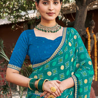 Laxmipati Rajwadi Bandhani Printed Georgette Saree in Turquoise Blue Color with Unstitched Blouse