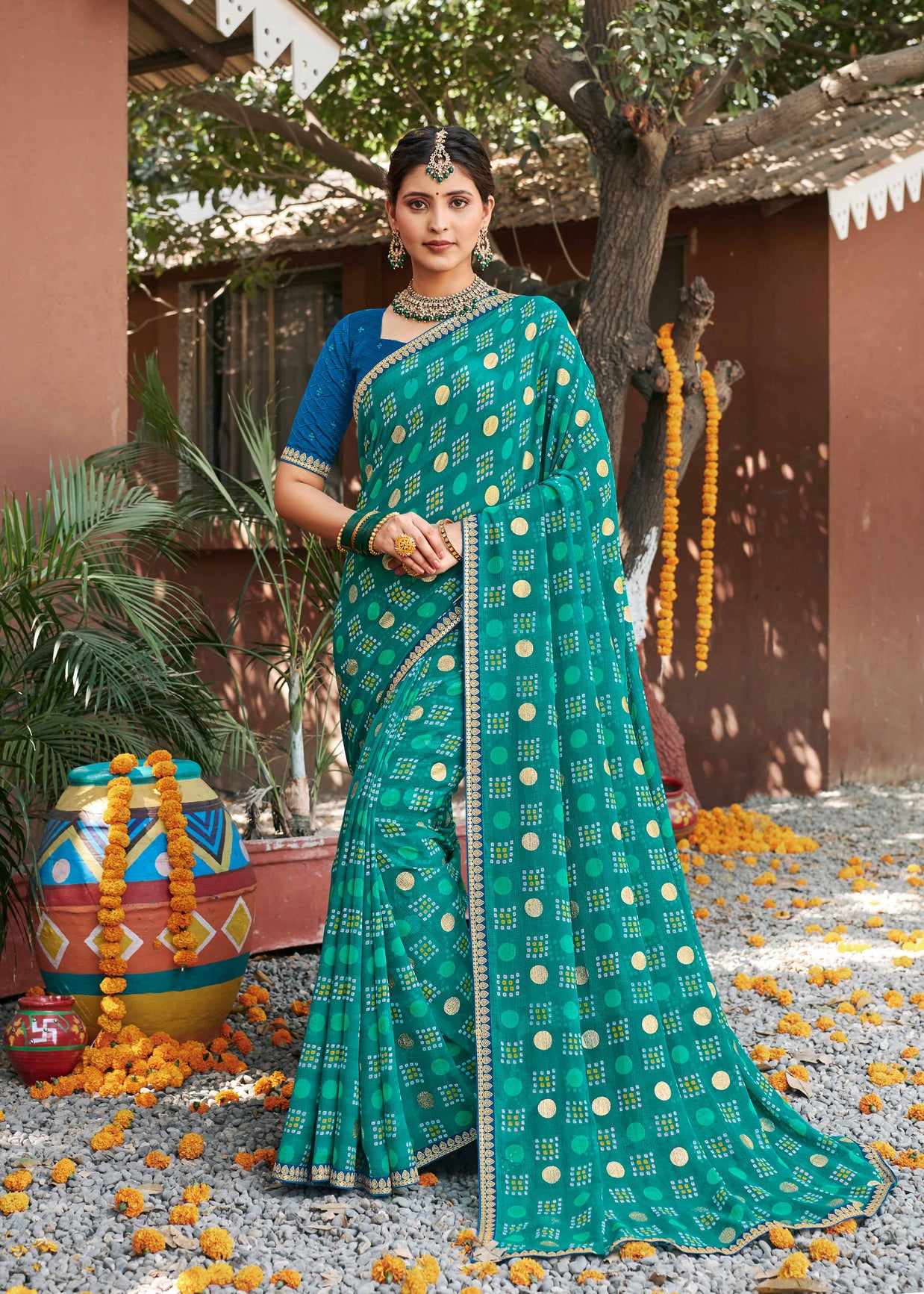 Laxmipati Rajwadi Bandhani Printed Georgette Saree in Turquoise Blue Color with Unstitched Blouse