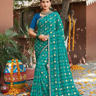 Laxmipati Rajwadi Bandhani Printed Georgette Saree in Turquoise Blue Color with Unstitched Blouse