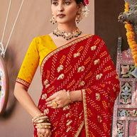 Laxmipati Bandhani Printed Georgette Saree in Red Color with Unstitched Blouse