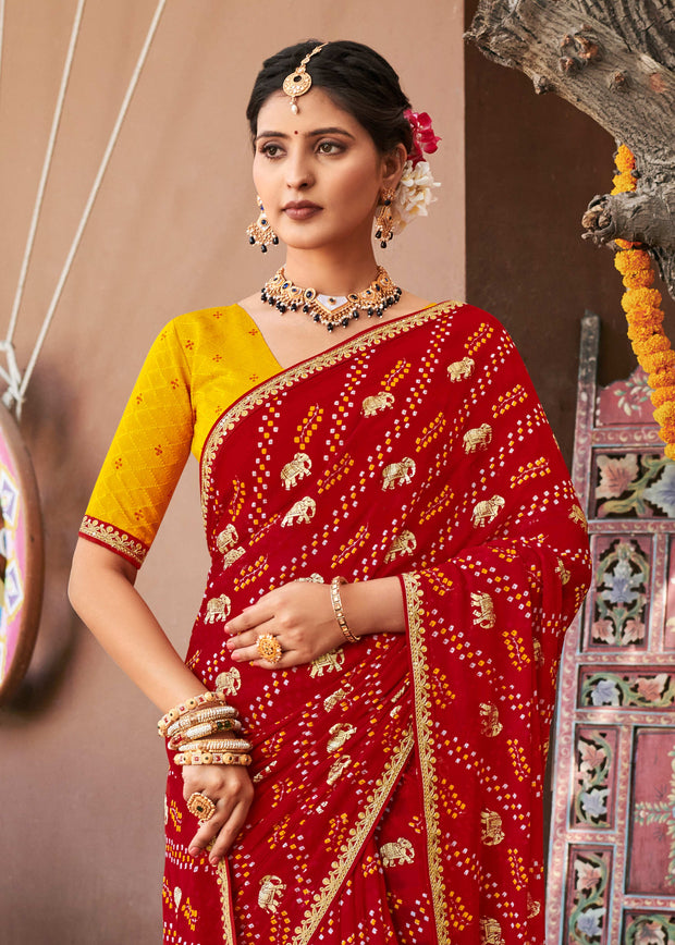 Laxmipati Bandhani Printed Georgette Saree in Red Color with Unstitched Blouse