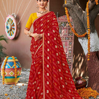 Laxmipati Bandhani Printed Georgette Saree in Red Color with Unstitched Blouse