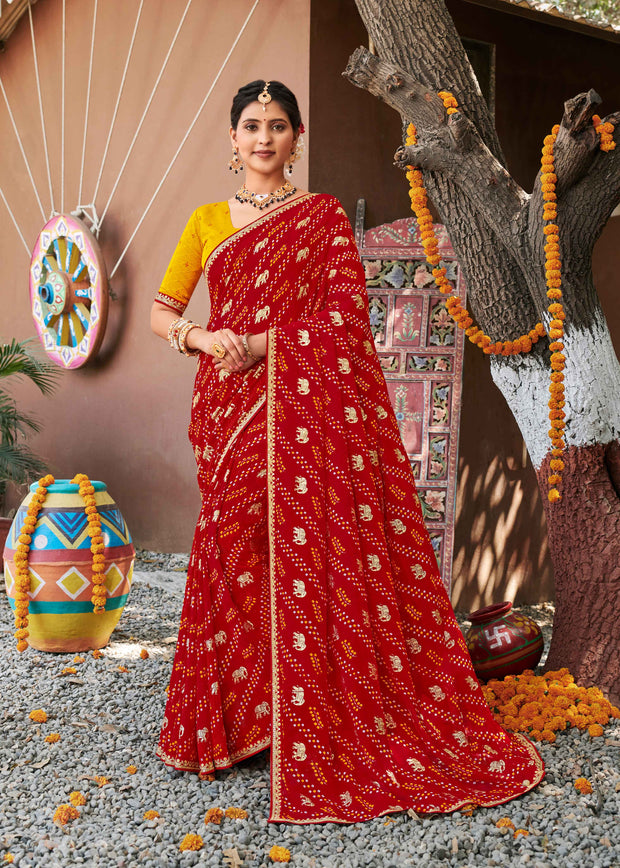 Laxmipati Bandhani Printed Georgette Saree in Red Color with Unstitched Blouse