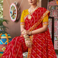 Laxmipati Rajwadi Bandhani Printed Georgette Saree in Red Color with Unstitched Blouse