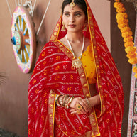 Laxmipati Rajwadi Bandhani Printed Georgette Saree in Red Color with Unstitched Blouse