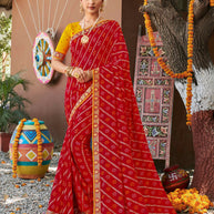 Laxmipati Rajwadi Bandhani Printed Georgette Saree in Red Color with Unstitched Blouse