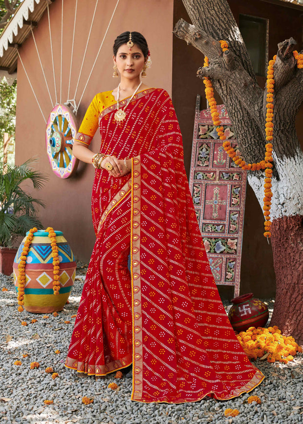 Laxmipati Rajwadi Bandhani Printed Georgette Saree in Red Color with Unstitched Blouse