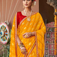 Laxmipati Rajwadi Bandhani Printed Georgette Saree in Orange Color with Unstitched Blouse
