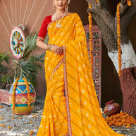 Laxmipati Rajwadi Bandhani Printed Georgette Saree in Orange Color with Unstitched Blouse