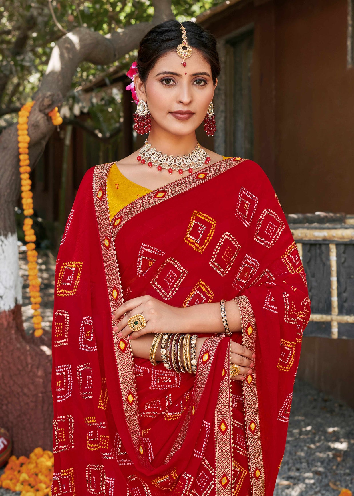 Laxmipati Rajwadi Bandhani Printed Georgette Saree in Red Color with Unstitched Blouse