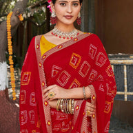 Laxmipati Rajwadi Bandhani Printed Georgette Saree in Red Color with Unstitched Blouse